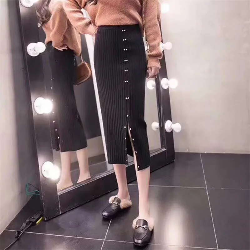 Women Skirt Autumn Knit Split High Waist Skirt Step Skirt Long Paragraph Bag Hip Step Skirt