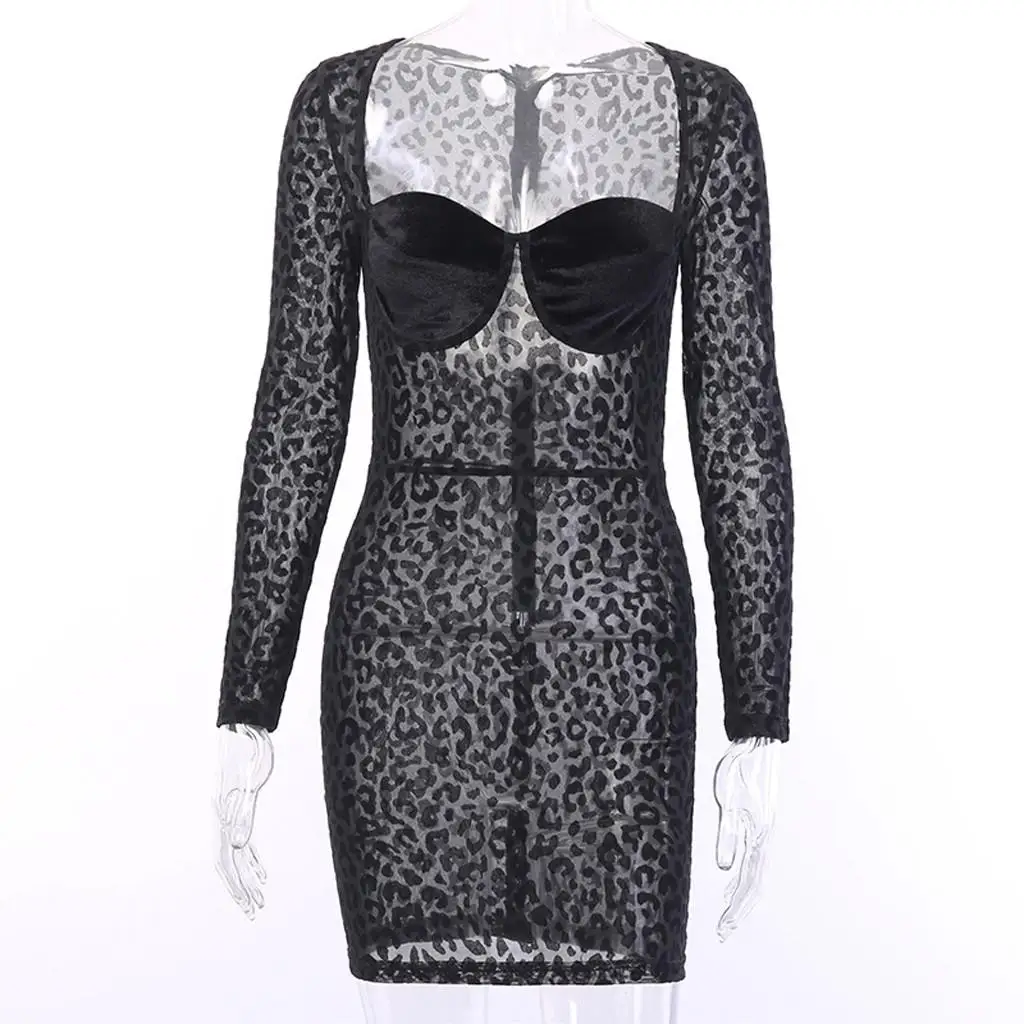 Fashion Womens Suit Leopard Print Dress Women Elegant Office Lady Blazer Dresses V-neck Mesh Long Sleeve Female Mini Party Dress - Цвет: Black