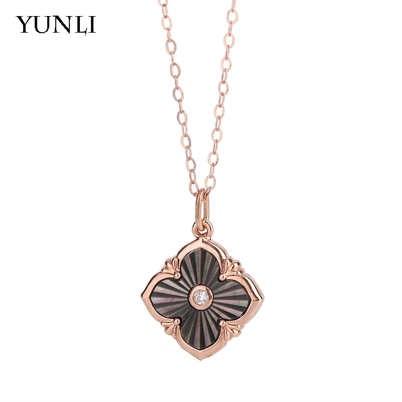 YUNLI Real 18K Solid Gold Pendant Necklace Natural Diamond Flower Design Pure AU750 Chain for Women Fine Jewelry Gift PE004 1