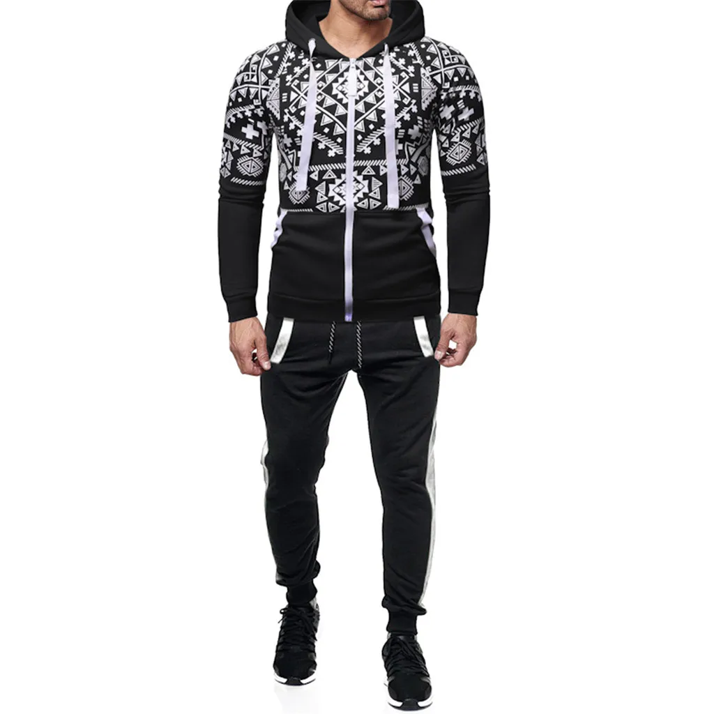 

2019 New Men Tracksuit Slim Christmas Print Long Sleeve Button Autumn Winter Gyms Jogging Causal Jacket Men 2Pcs Sportswear