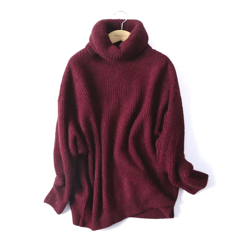 AOEMQ простой и стильный разноцветный теплый свитер с высоким воротником и длинными рукавами, тонкий рукав реглан, длинный вязаный свитер, пальто - Цвет: Бургундия