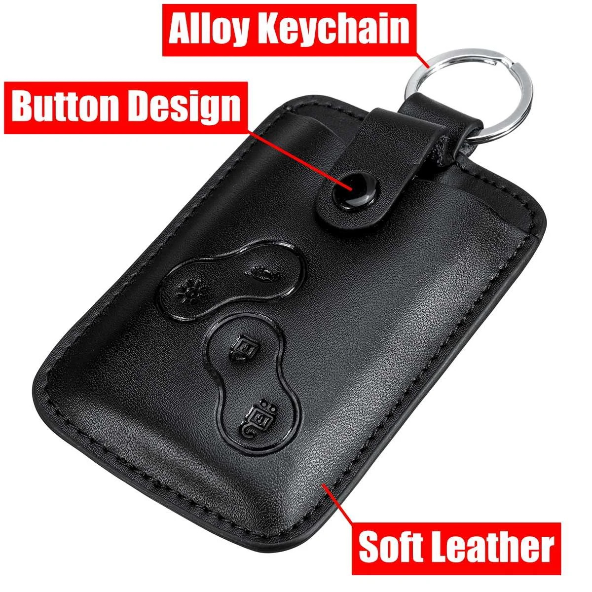 Car Key Case Holder Protecter w/ Keychain 4 Button Black Leather For Renault 