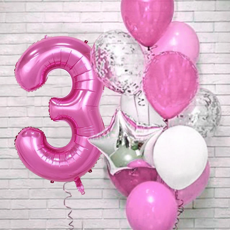 12pcs Pink Number Foil Balloon Birthday Party Decoration Latex Balloons Kids Baby Girl 1 2 3 4 5 6 7 8 9 Years Old 1st Birthday