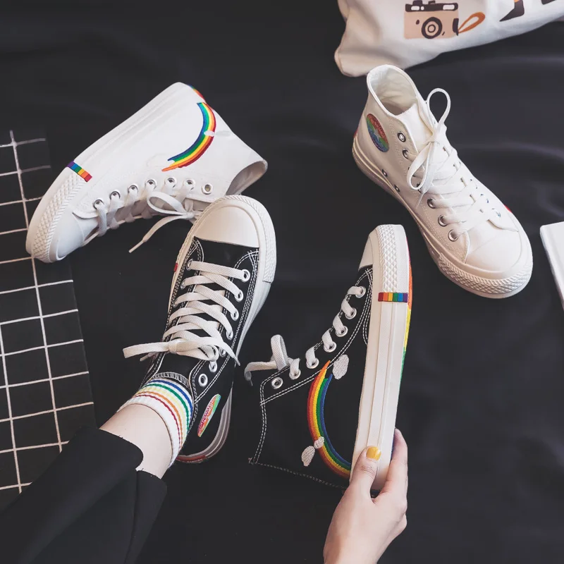 Tanie Moda damska 2020 buty wulkanizowane damskie sneakersy nowe Rainbow Retro brezentowe buty płaskie modne wygodne wysokie buty damskie