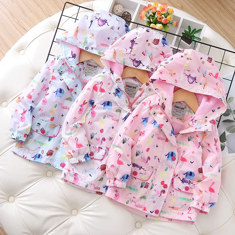 

Childrenswear Children Autumn Coat Rabbit Elephant Printing plus Velvet Hooded Girls Raincoat Jacket 2019 New Style