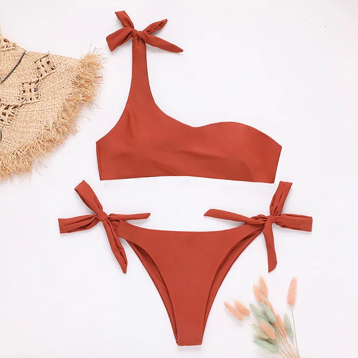 Женский полосатый Одноцветный лимонный бикини сексуальный купальник на одно плечо бандажный купальник женский костюм летняя пляжная одежда бикини - Цвет: NK133BR