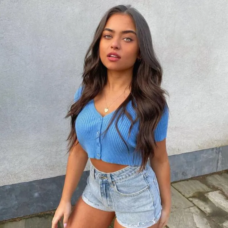2020 Short Sleeve Buttons Cardigan Sexy Crop Tops Summer Women Fashion Knitted Casual Bodycon Stretchy T-shirts