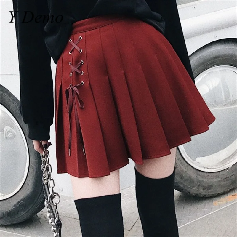 Y Demo Grunge High Waist Eyelet Tie Pleated Skirt For Women Punk