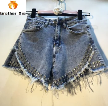

Summer Diamond Shorts Women European Style Heavy Drill High Waist Slim Elastic RippedEdge Jeans Shorts Student Hot Pants