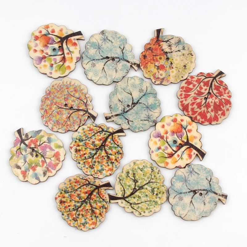 20pcs 30mm Colorful Retro Tree Shape Wooden Buttons For Clothing Sewing Accessories Scrapbooking Crafts DIY botones Decoration