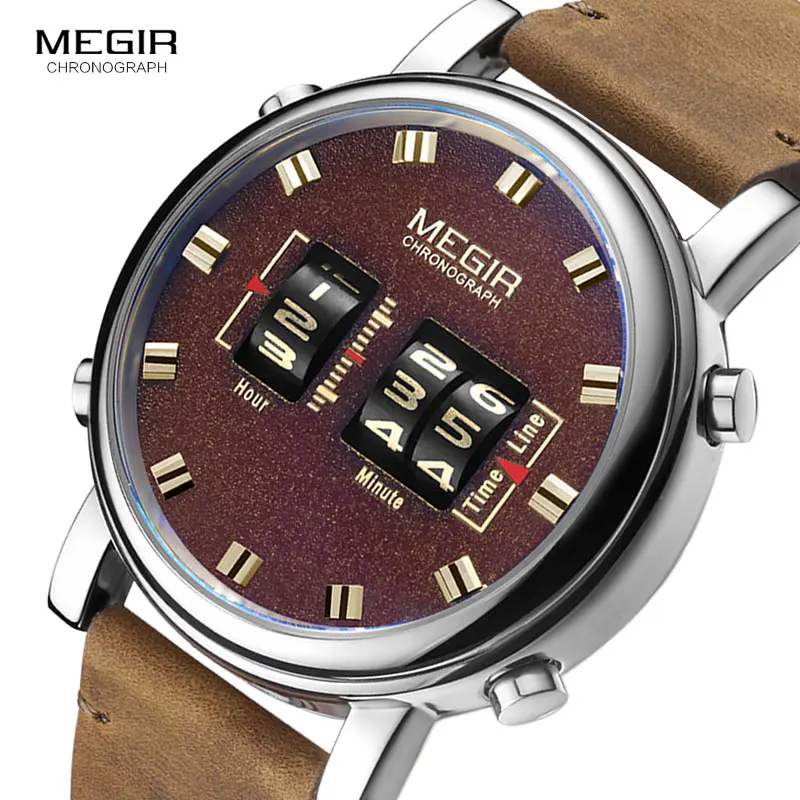 Billig MEGIR Luxus Digitale Uhr Männer 2019 Neue Relogio Masculino Braun Lederband Armee Sport Quarz Armbanduhren Uhr Mann 2137