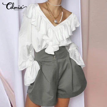 

Women Ruffles Satin Blouse Celmia 2020 Fashion Sexy V Neck Casual Long Sleeve Blusas Office Lady Shirt Elegant Silk Tops S-5XL