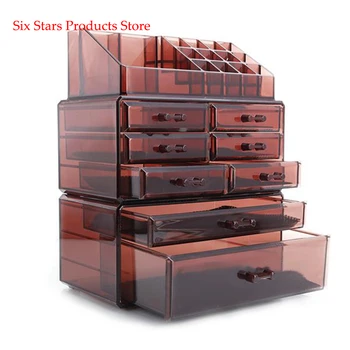 

Multiple Grid 3Pcs/Set Plastic Makeup Cosmetics Storage Rack 6 Small & 2 Large Drawers Clear Box Lipstick Nail Brown