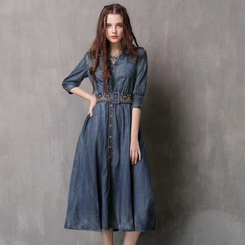 Vrouwen 2019 lente nieuwe onregelmatige denim jurk retro riem geborduurde jurk single-breasted casual jurk gewaad Vrouwen 2019 lente nieuwe onregelmatige denim jurk retro riem geborduurde jurk single-breasted casual jurk gewaad