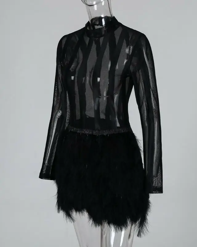Женское Бандажное Черное Мини-Платье облегающее с длинным рукавом дамские вечерние Клубные Короткие прозрачные черные платья