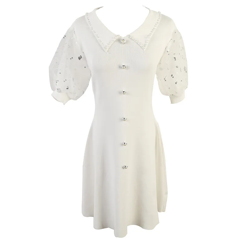 

version of autumn new women's suit, short sleeve sequined yarn net, Beaded lapel, medium and long slim knitted dress