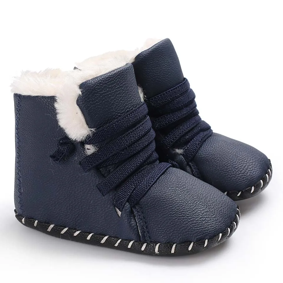 Детская обувь из искусственной кожи зимние сапоги для мальчиков и девочек Теплые Первые ходунки на мягкой резиновой подошве, Нескользящие Зимние ботиночки для малышей - Цвет: Blue