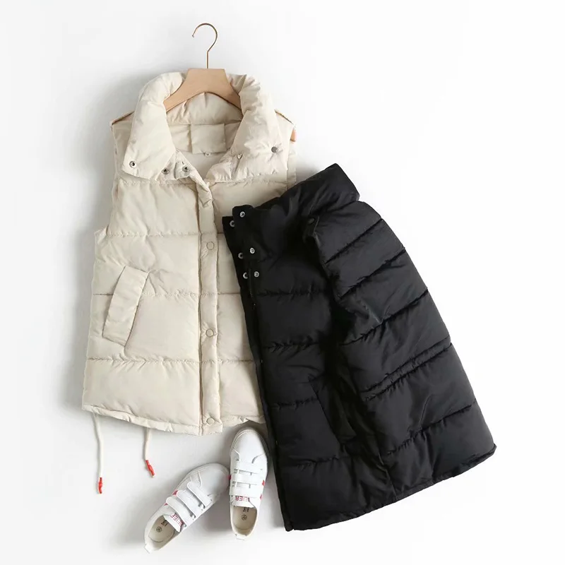 

Autumn Women Packable Lightweight Down Vest Winter Stand Collar Women's Vest Drawstring Cotton Single Breasted Pocket Vest