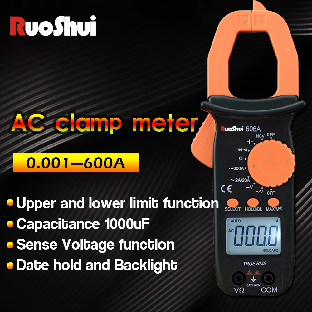 RuoShui зажим мультиметр 606A Автоматический диапазон NCV измерение большой емкости постоянного/переменного напряжения и переменного тока тестер измеритель тока