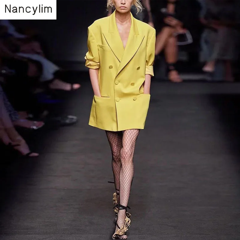 

Spring Autumn Yellow Blazer Women Lapel Double-breasted Long Sleeve Pocket H-style Temperament Loose Notched Blazer Coats