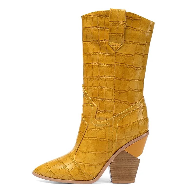 

GENSHUO Wedges Heels Women's Boots Autumn Female Mid Claf Booties High Heels Slip On Casual Chelsea Cowboy Boots For Women Blue