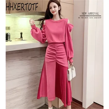 

spring autumn new fashion 2 piece set women off shoulder Sweatshirt pullovers hollow out ladies tops +loose skirts