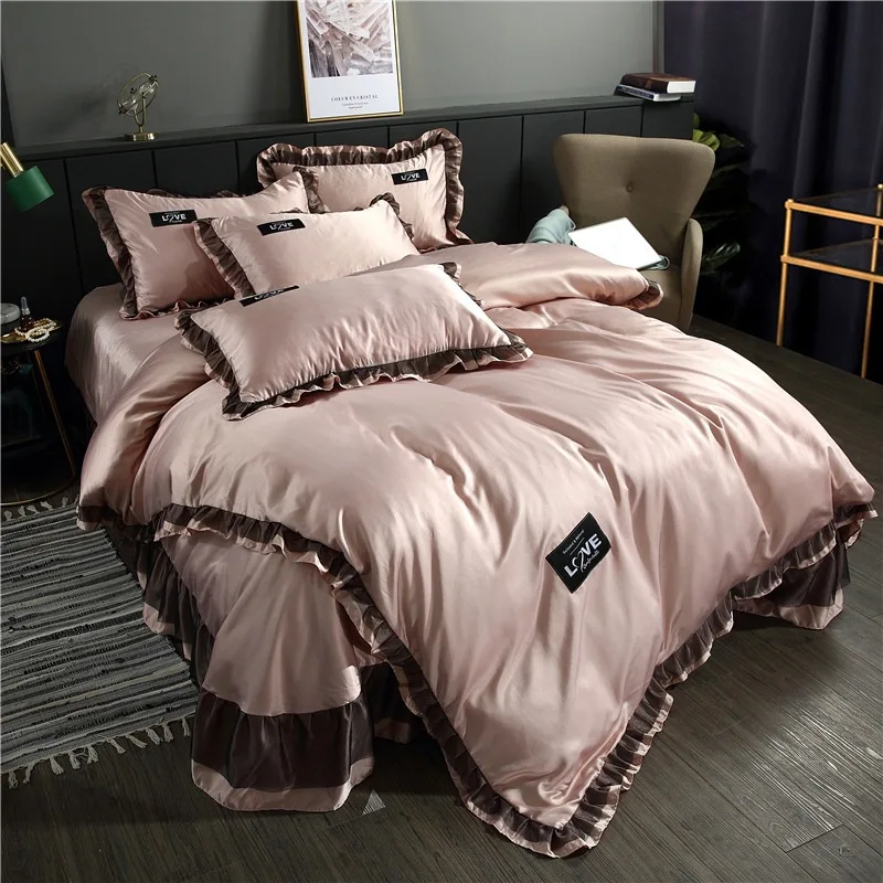 

Washing Silk Four-piece Set Viscose Tencel Korean-style Solid Color Lace Bed Skirt Kit