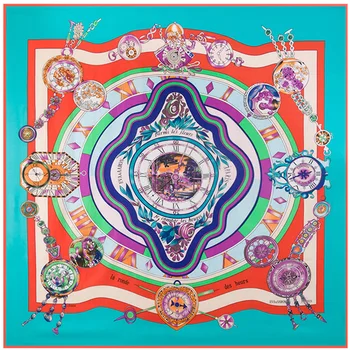 

Luxury Brand Large Square Scarves Headband Shawl Rome Clocks Print Giant Scarf In 100% Silk Twill Silk Scarf For Women
