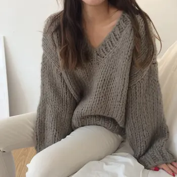 

Thick Needle Autumn Winter Sweater Women Knitted New Sweaters Casual Long Sleeve V-Neck Chic Mohair Knitting Sweater Warm Tops