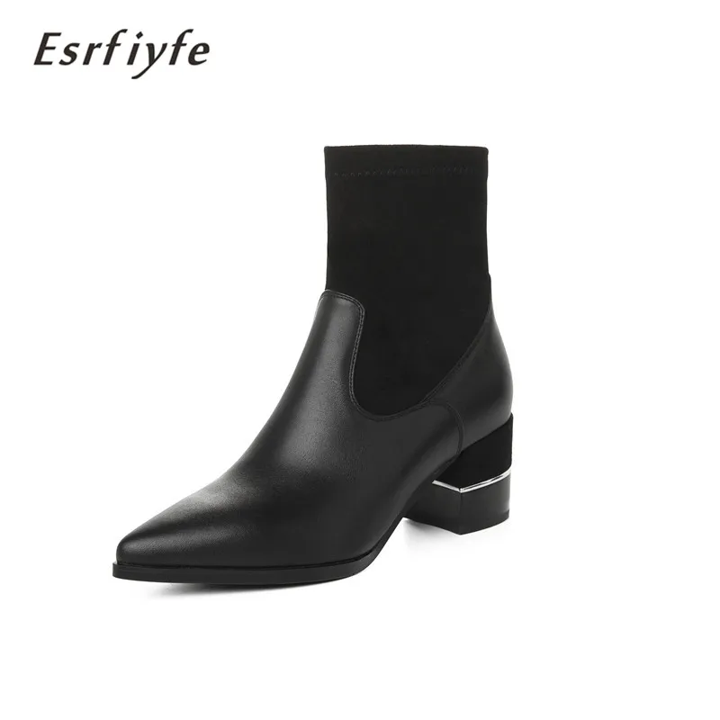 

ESRFIYFE 2020 New Winter Women Boots Genuine Leather Ankle Boots Thick Heels Pointed Toe Boots Women's Boots Plus Size 35-43