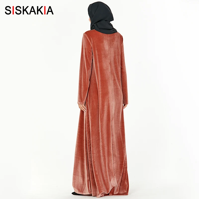 Siskakia, длинное платье размера плюс, зима, вельветовое, с вышивкой, повседневное, мусульманское платье с круглым вырезом, длинный рукав, арабское, толстая, розовая