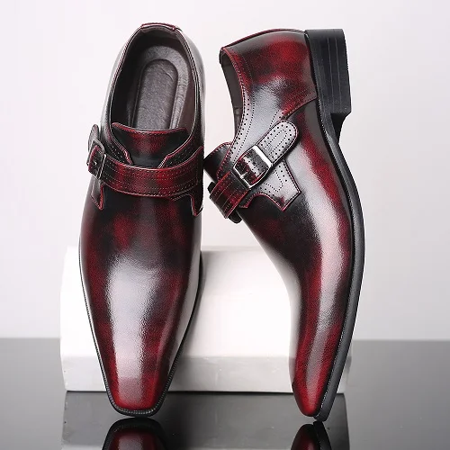 Wine red Merkmak/модные свадебные туфли в британском стиле с острым носком; большие размеры; мужская кожаная обувь; Лидер продаж; комплект обуви; одна застежка; мужская обувь - Цвет: Wine red