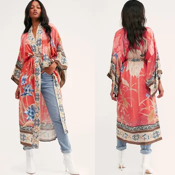 

Oversize Beach Cover Up Kimono Vintage Print Floral Holiday Bikini Outing Boho Loose Long Cardigan 2020 Orange Coat Women Coat