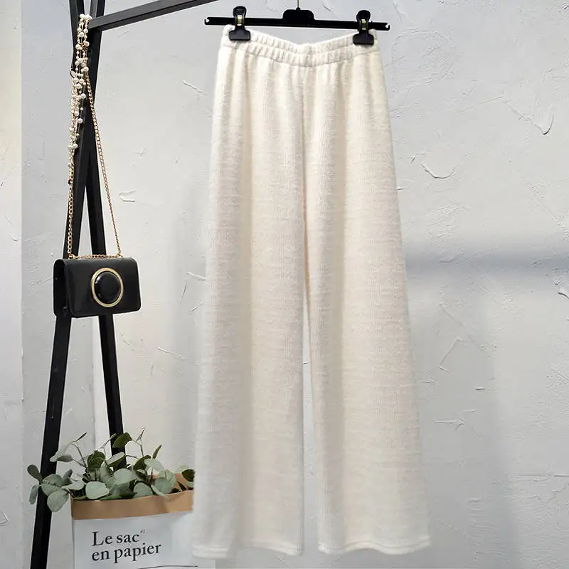 beige white pants Утолщенные широкие женские брюки с эластичной высокой талией на осень и зиму, женские свободные повседневные Прямые длинные брюки, женские брюки C6037 - Цвет: beige white pants