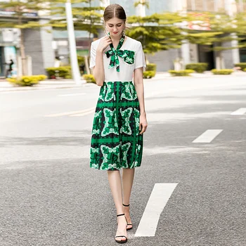 

Fashion New Women'S Spring Summer High Quality Party Casual Workplace Vintage Elegant Chic Print Stitching Ribbon Chiffon Dress