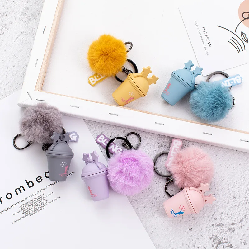 

Creative New Korean Cat Ear Cup Luminous Keychain Simple Bag And Car Pendant Keychains Four-Color Iron Girl Cup Plush Key Rings