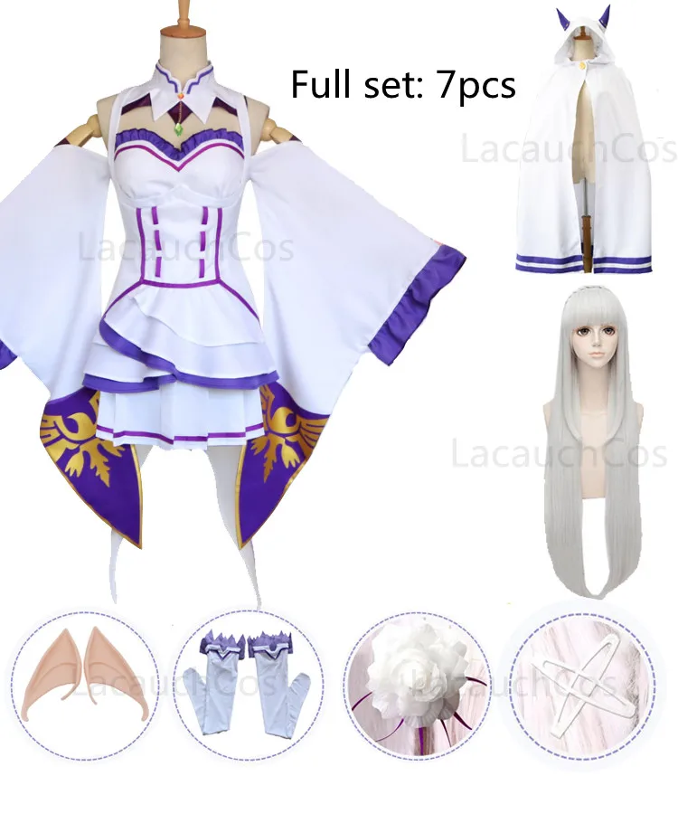 

Emilia Dress Re Zero Cosplay Sets Wig Women Cosplay Dress Emilia Cosplay costume Anime Cosplay Party Halloween Party cloak wig