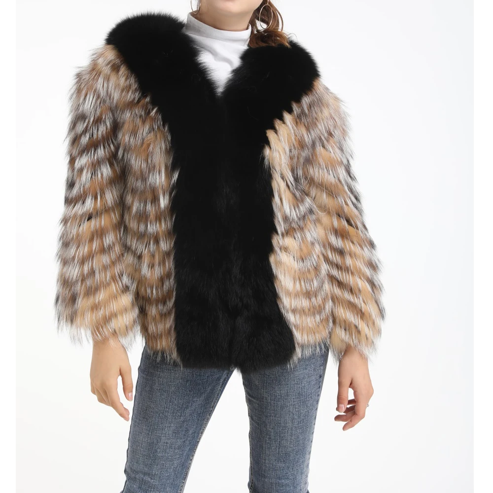 

women real fox fur coat outwear furry fluffy patchwork color plush contrast color with black collar 2019 fashion