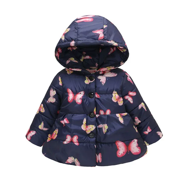 Зимние куртки для маленьких девочек; детские пальто; осенне-зимняя верхняя одежда для маленьких девочек; теплые пуховые пальто с принтом бабочки; Одежда для новорожденных - Цвет: Navy