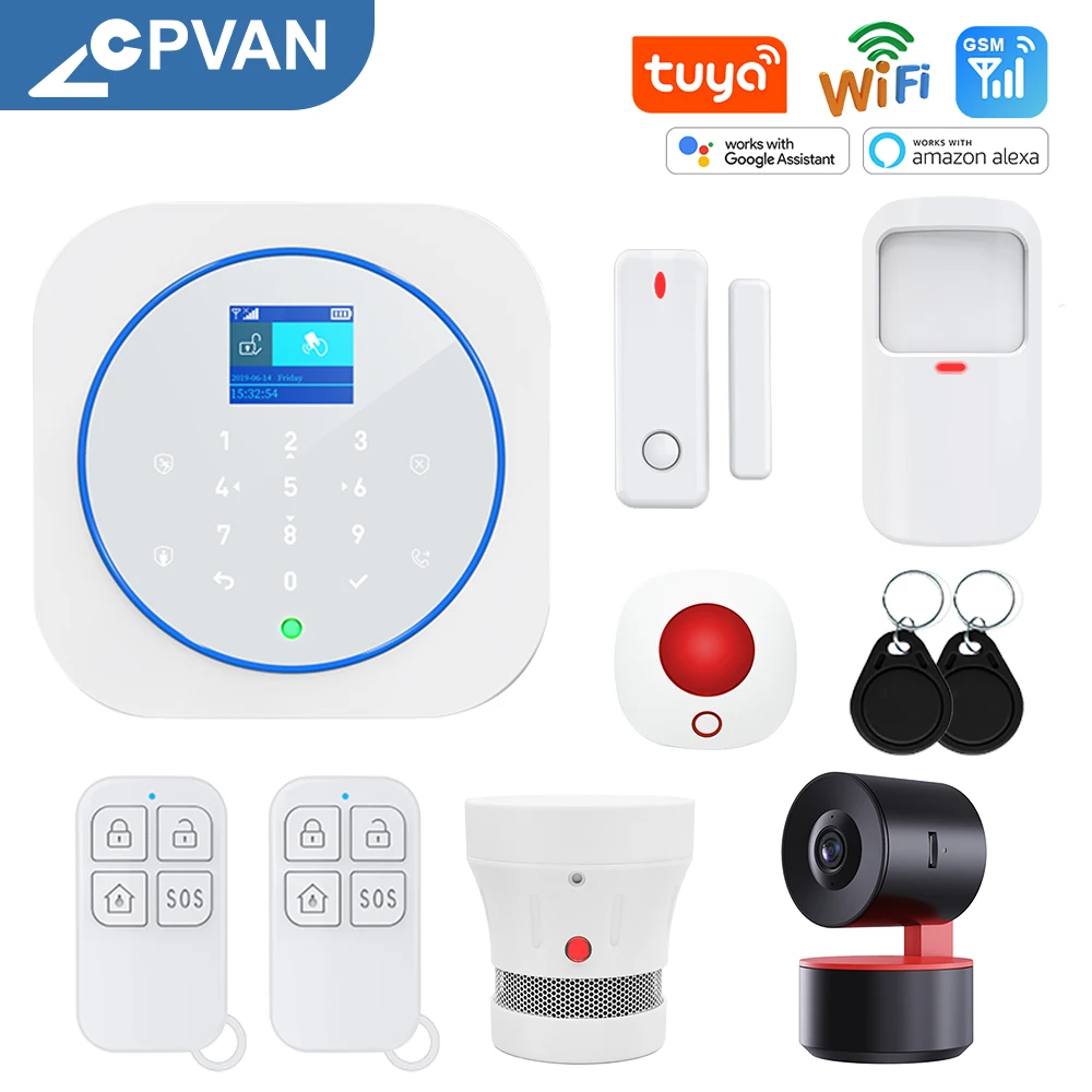 CPVAN Tuya Smart WIFI GSM Security Alarm System Works With Alexa Home Burglar Motion Detector Smoke Door Window Sensor IP Camera |
