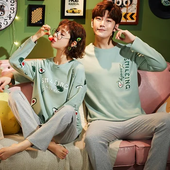 

Matching Couple Pajama Set Cotton Pijamas Long Sleeve+Pants Sleepwear His-and-her Home Suit Pyjama For Lover Men Women