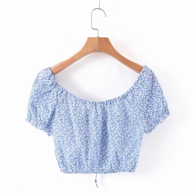 Women blouse chiffon vintage ruffle ladies tops streetwear puff sleeve top elegant floral clothes blue robe vestido vintage top