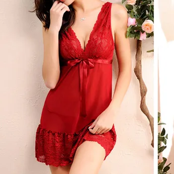 

Sexy Lace Nightdress Fashion Women Sling Solid Color Bowknot V-Neck Backless Underwear Ropa Dormir Mujer 2020 New Hot Sale E