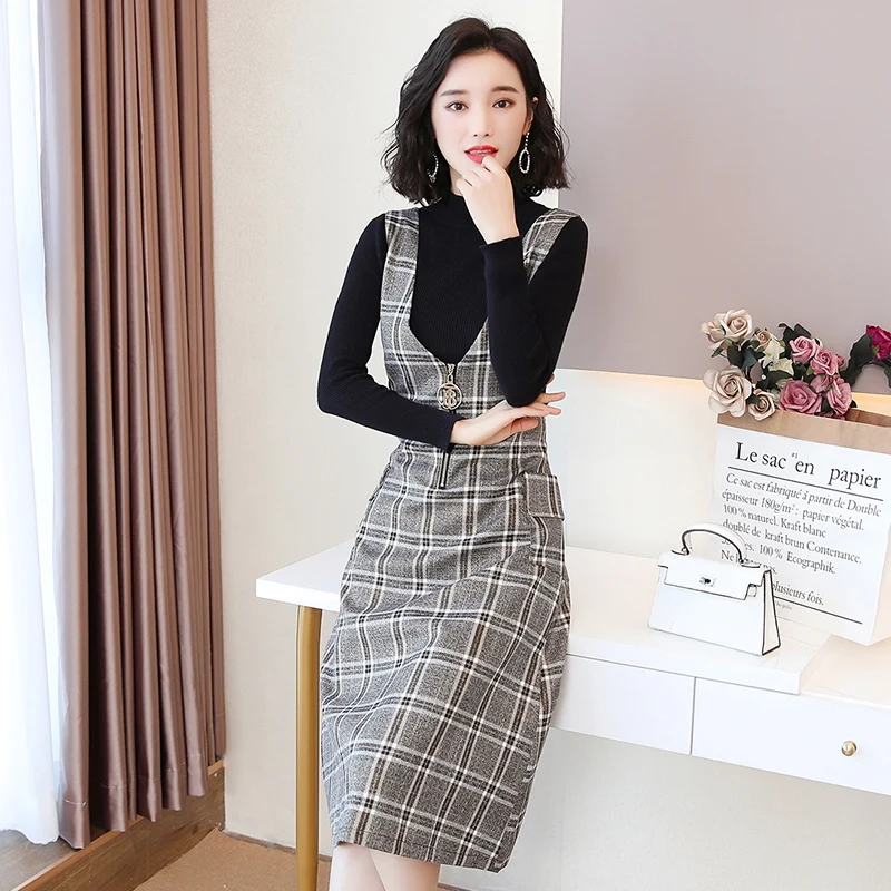 Khaki gray plaid set Женское винтажное розовое клетчатое платье без рукавов с v-образным вырезом, элегантное платье трапециевидной формы, осенне-зимнее платье и свитер, вечерние платья - Цвет: Khaki gray plaid set