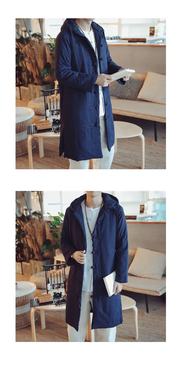 Winter New Style Cotton Linen Retro Frog Hooded Cotton-padded Clothes Men's Middle Long Coat