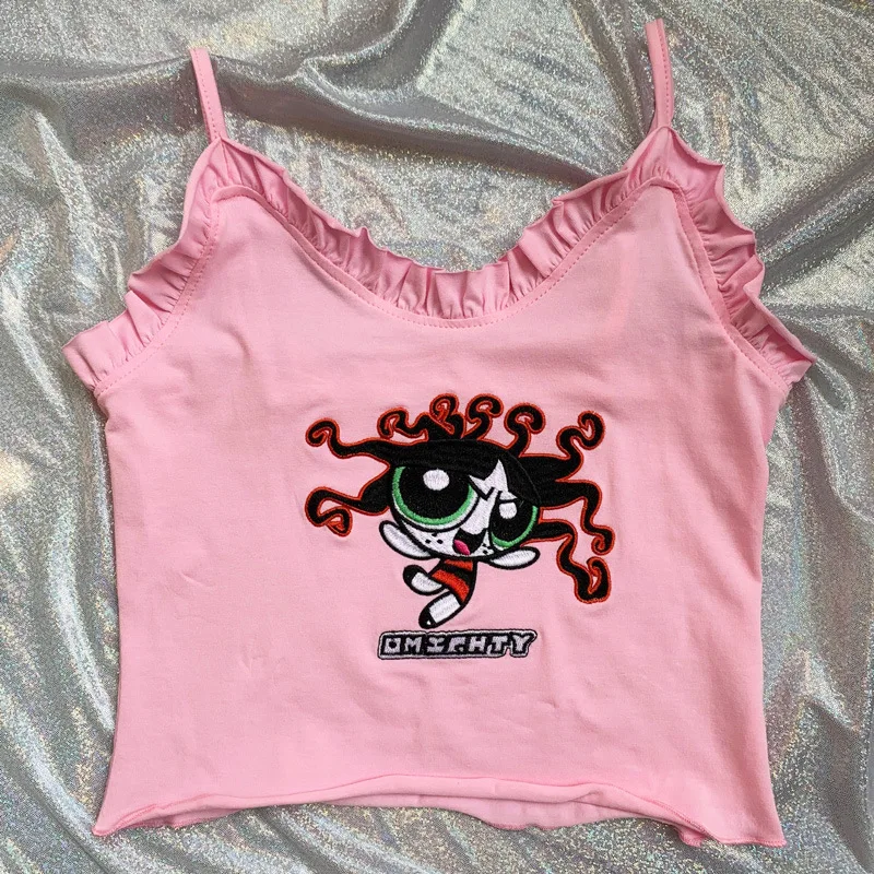 pink cami top Милый кавайный розовый топик на бретельках для девочек, Женский летний укороченный топ Харадзюку С мультяшной вышивкой, уличная мода, тонкая кофточка, жилет - Цвет: pink cami top