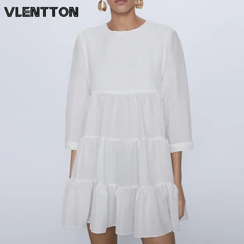 

2020 Spring Summer White Mini Party Pleated Dress Women O-Neck Casual Loose Beach Dresses Ladies De Fiesta De Noche Vestidos