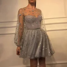 Серебряные короткие платья для выпускного вечера сетчатые Длинные рукава звезды блестками Тюль выше колена дешевые вечерние платья мини коктейльное платье на заказ