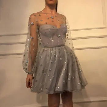 

Silver Short Prom Dresses Sheer Long Sleeves Stars Sequined Tulle Above Knee Cheap Party Gowns Mini Cocktail Dress Custom Made