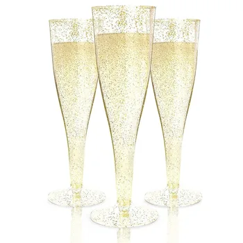 

Plastic Champagne Flutes Disposable Cup Gold Glitter Clear Toasting Champagne Glasses Wedding Party Bulk Pack 6.7oz/180ml H2004